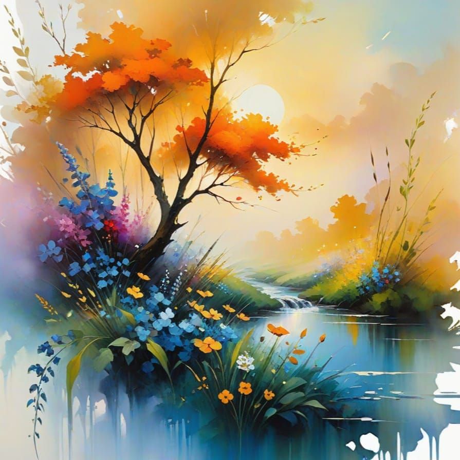 Surreal Landscape with Vibrant Wildflowers in Golden Hour