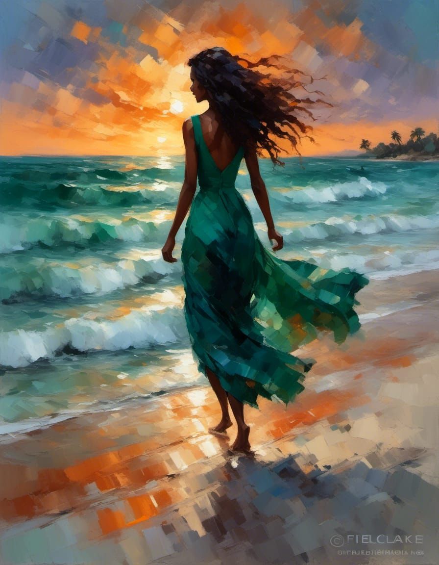 Digitalism4art-styleOilpainting artwork , Beautiful pretty young woman walking on the white sand beach, late sunset, long black curling hair...