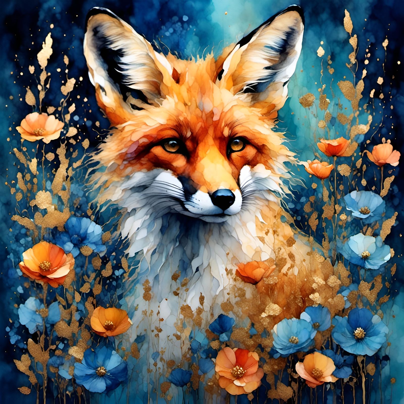 Fox between flowers