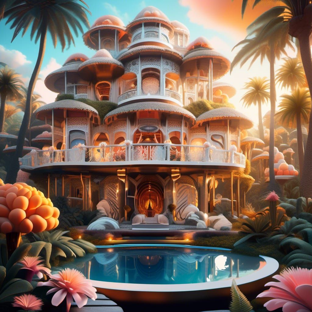 ink painting, "Unusual Treehouse", magical, fantasy house in Coconut shape, made of white feathers, glass and coconut straws, in bohemian st...