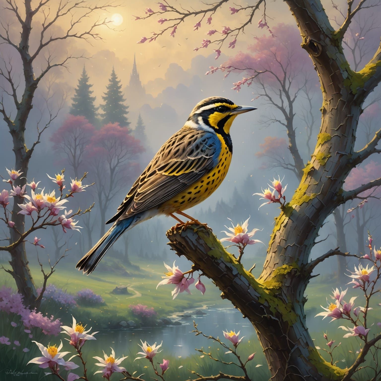 Meadowlark sitting on a spring tree  by @Melissa Fischer