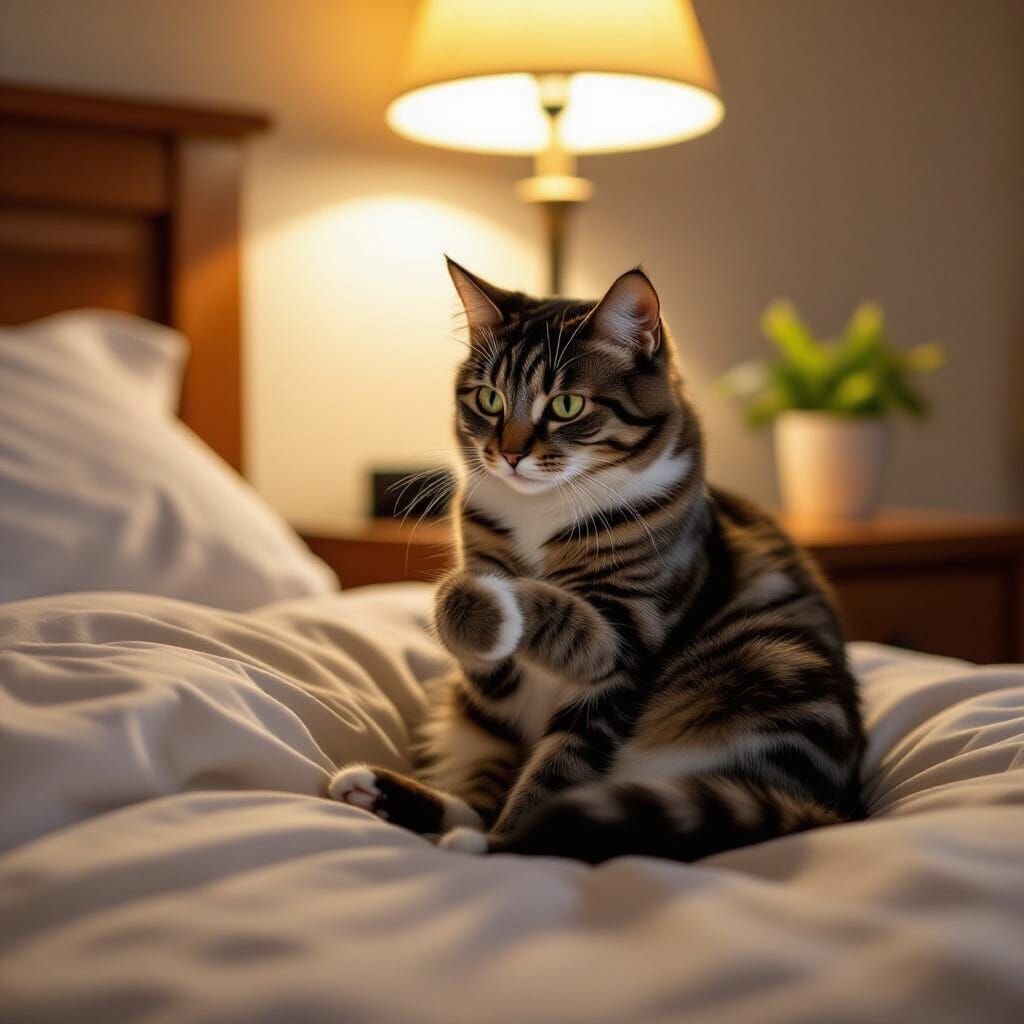 A feral cat sitting on a nightstand as he picks his paw waiting for his owner to wake up 