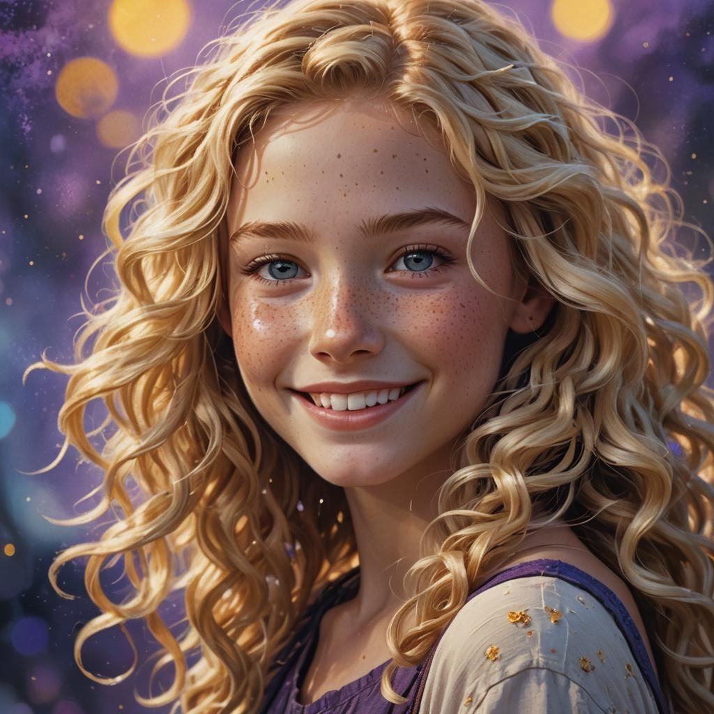 an eleven year old  pretty blonde girl with wavy hair and fr...