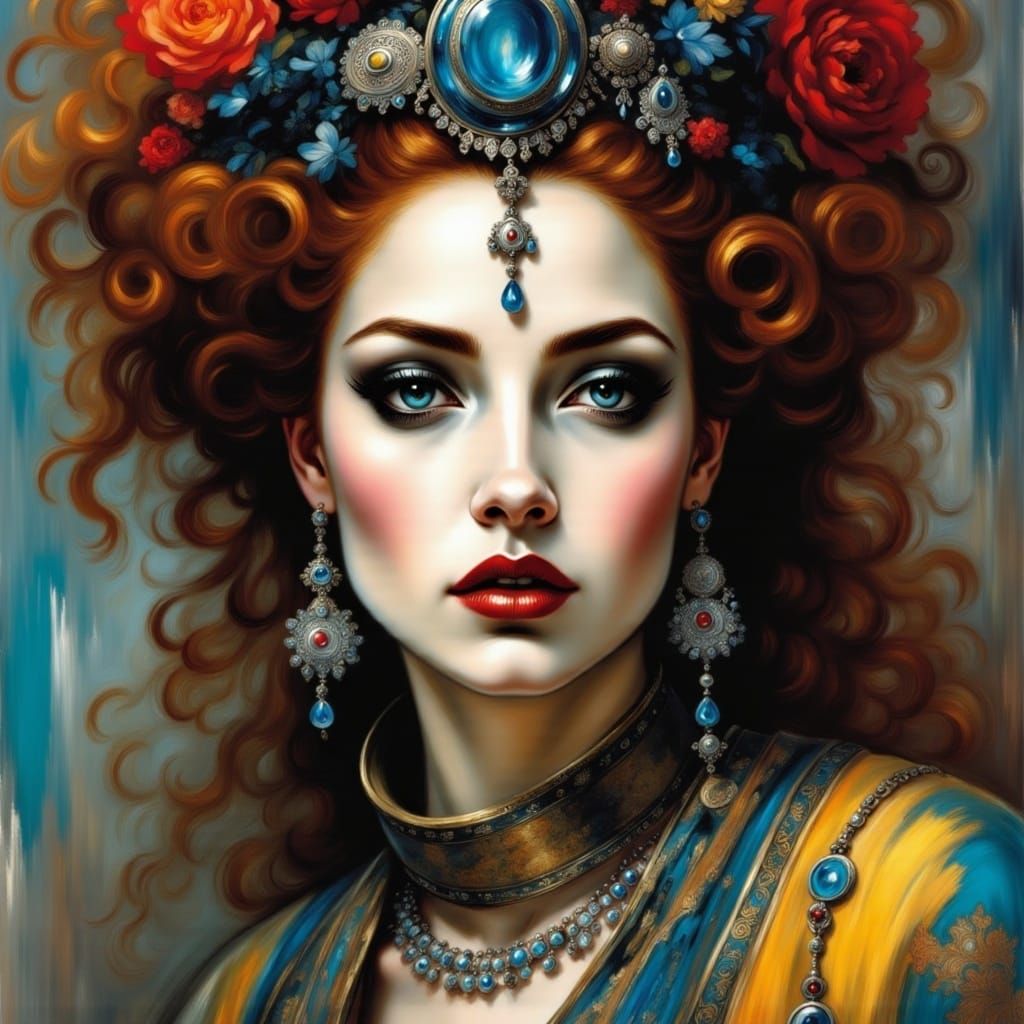 Hyperrealistic portrait of a beautiful woman wearing intricately detailed colorful clothing and futuristic jewellery. <lora:Haunting Portrai...