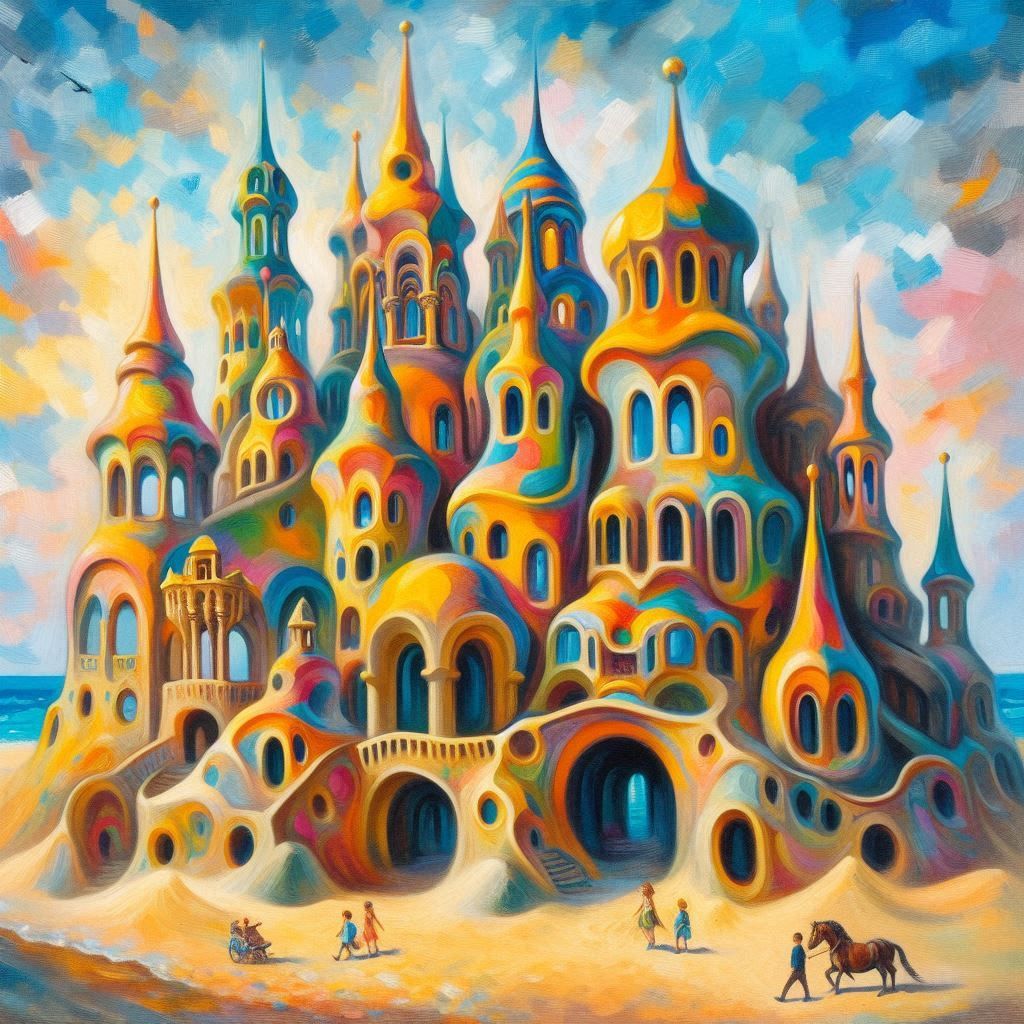 Gaudí-inspired sandcastle in a Dali-inspired painting