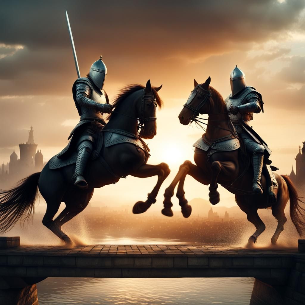 Two knights on horses fighting each other
