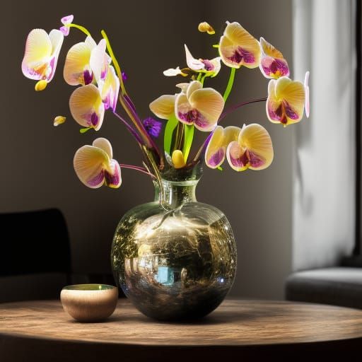 A vase of beautiful orchids on a table, selective colour [or...