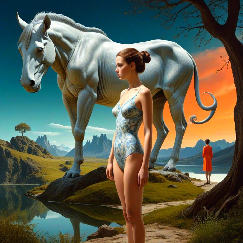 Surrealistic Lady Faces Fantastic Creature in Dreamlike Land...