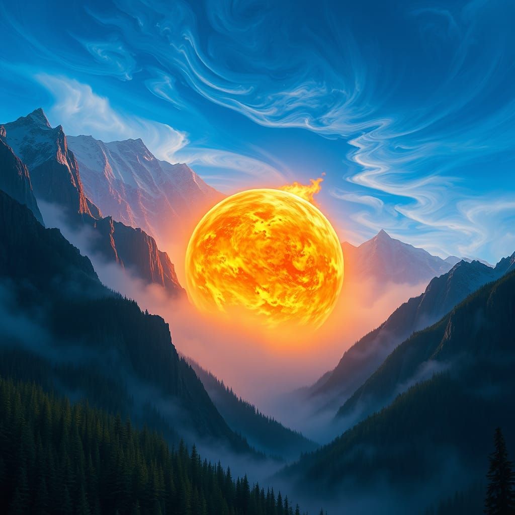 Blazing Fireball Over Mountain Range, Matte Painting