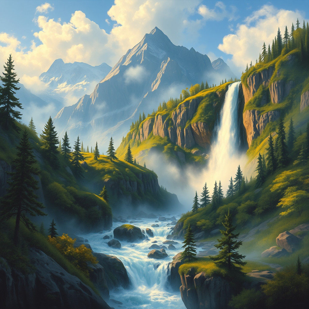 magnificent painting of a mountain waterfall, pristine landscape, lush greenery, alpine, beautiful, award-winning painting, deep colors, ric...