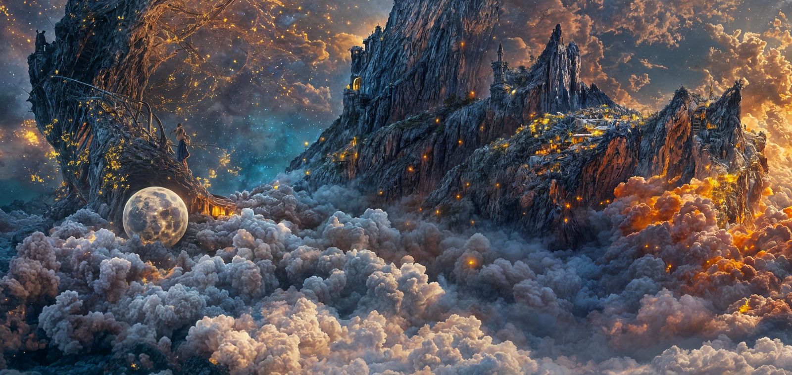 Glowing Staircase to the Moon in Dreamy Clouds