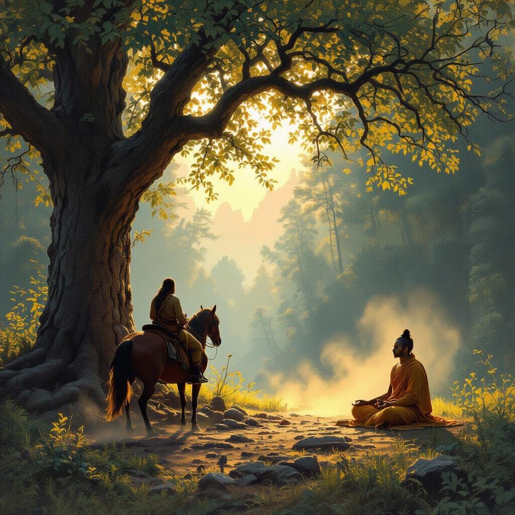 Lone Rider Meets Ascetic in Forest, Realistic Painterly Styl...