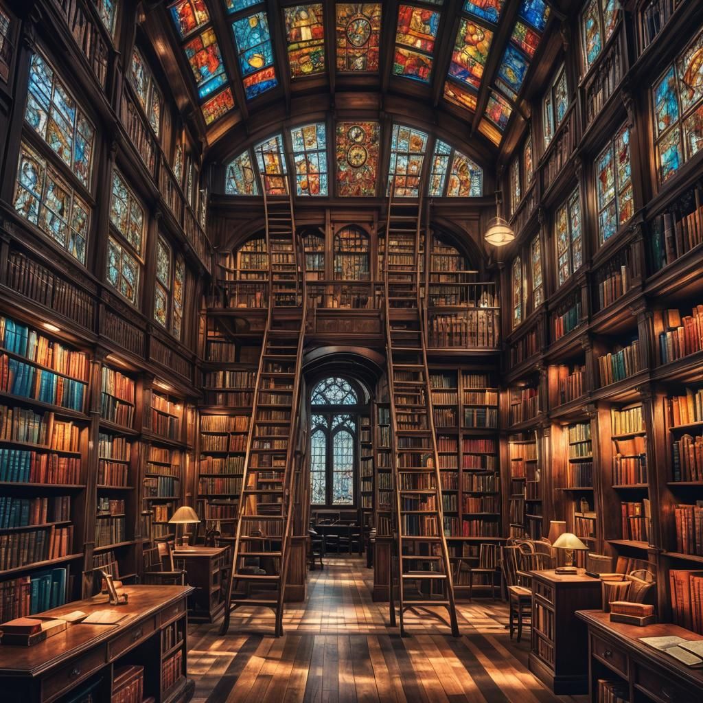 Colorful Stained Glass Library with Ladders and Books
