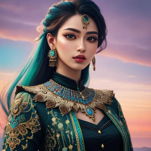 Hyperrealistic portrait of a beautiful woman wearing intrica...