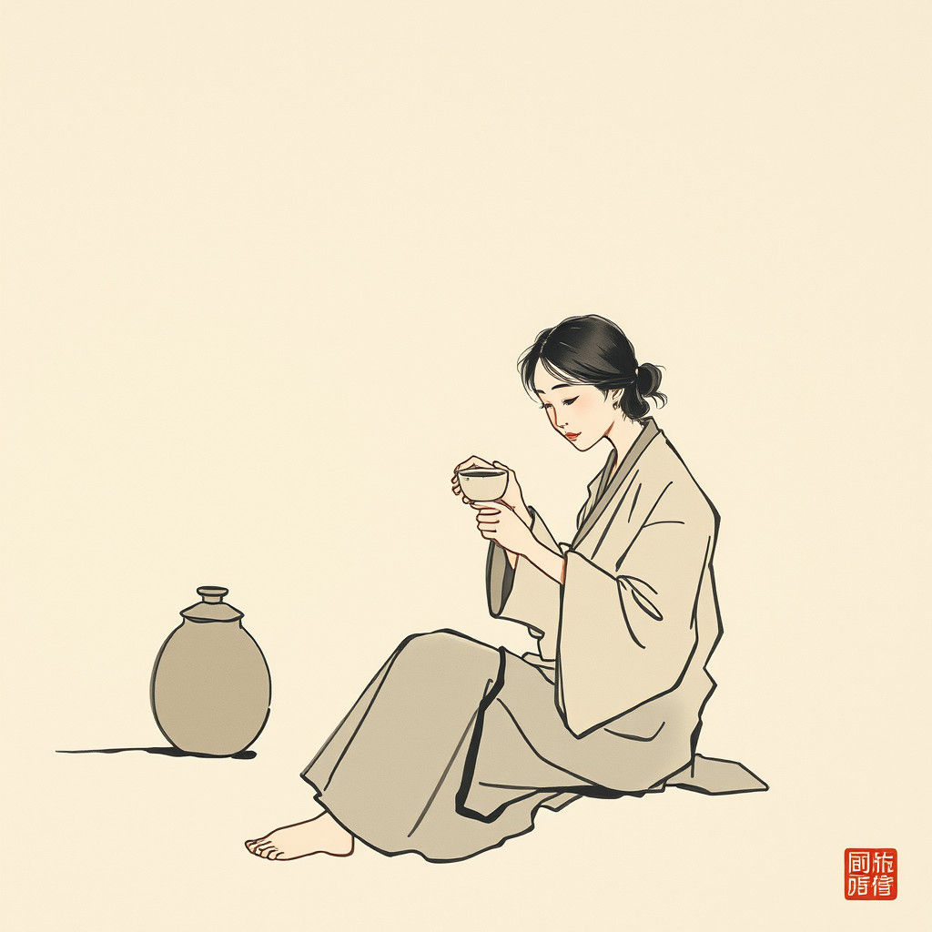 Serene Woman Enjoying Tea: Chinese Ink Wash Painting