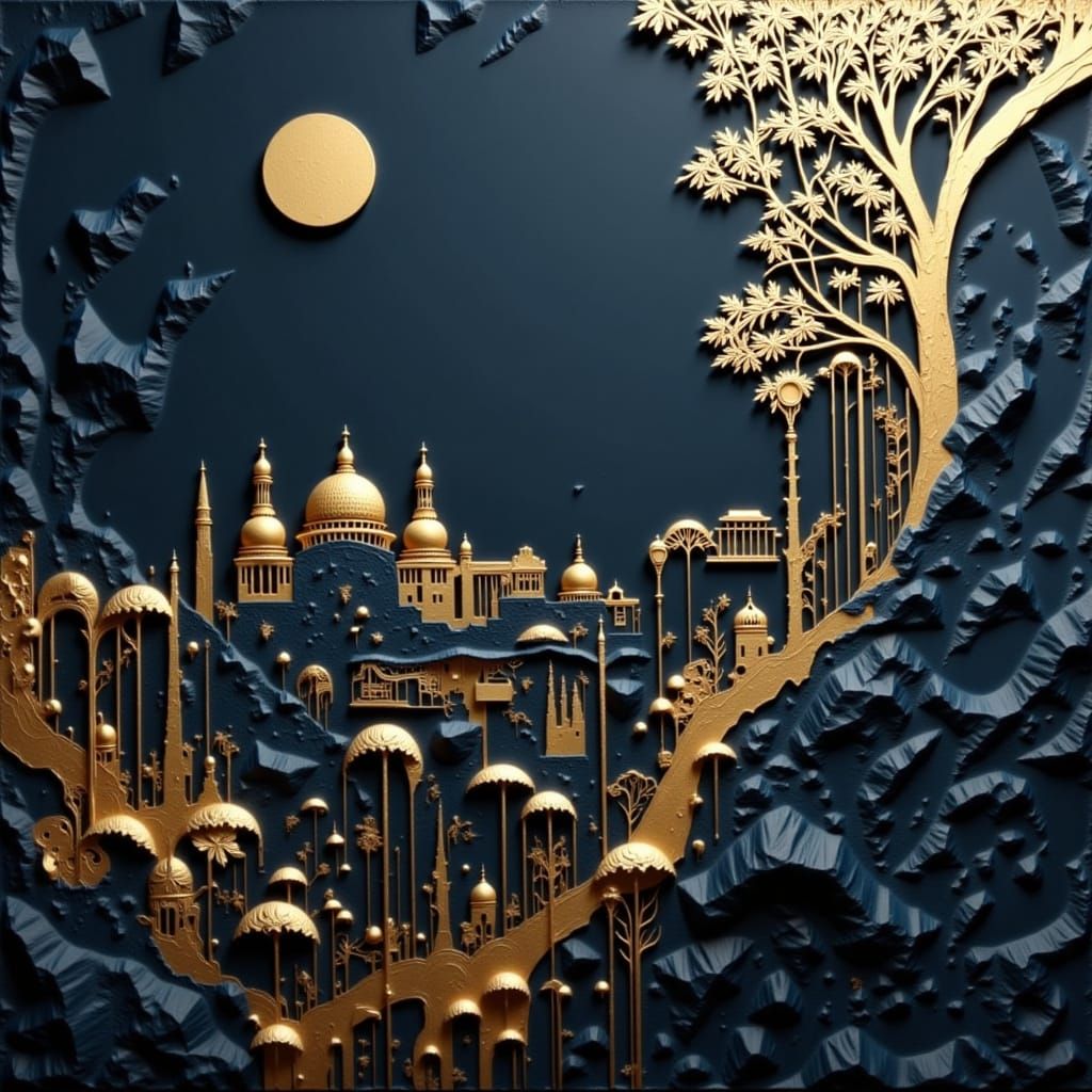 <lora:Lace:1.0> abstract collage on dark blue rough plastered wall scrap of golden wallpaper with multi-layer silhouette of Eternal City. St...