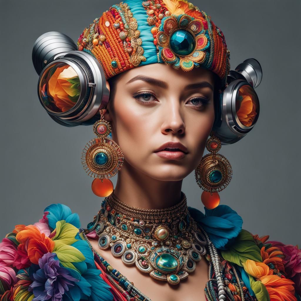 Hyperrealistic portrait of a beautiful woman wearing intrica...