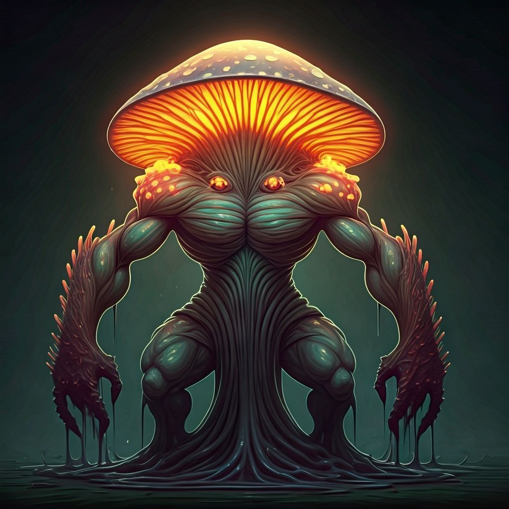 A myconoid with enormous arms and a mushroom cap shaped like an outstretched umbrella, through which bioluminescence can be seen filtering t...