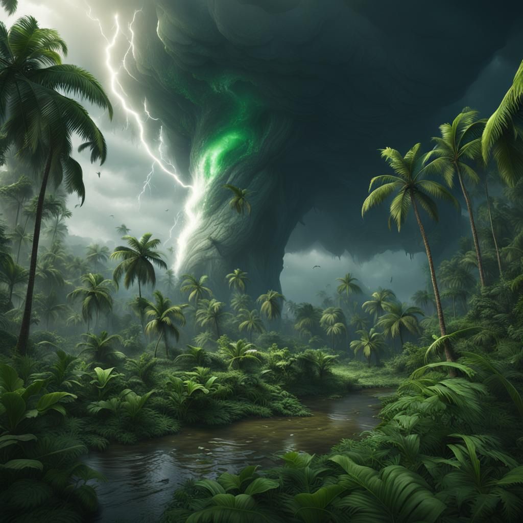 a powerful tornado in the jungle
a hurricane formed a funnel...