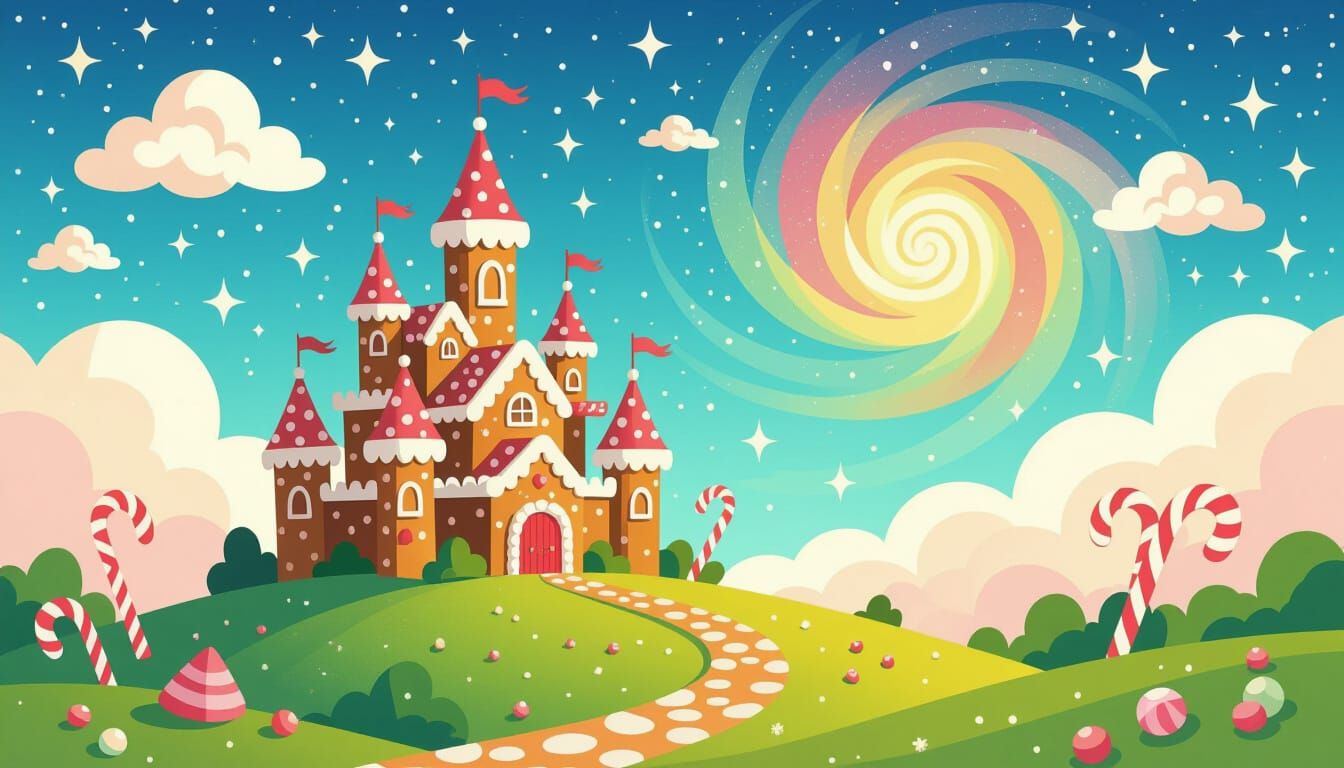 A gingerbread castle, adorned with candy canes and gumdrops, stands proudly on a rolling hill under a sky painted with swirling nebula