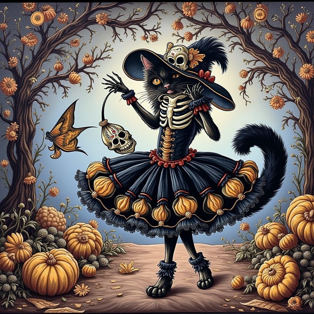 Regal Calico Cat in Baroque Skeleton Costume