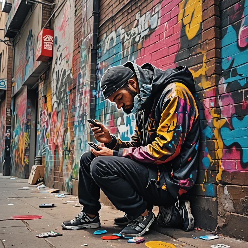 Regretful Man in Graffiti Art Alleyway