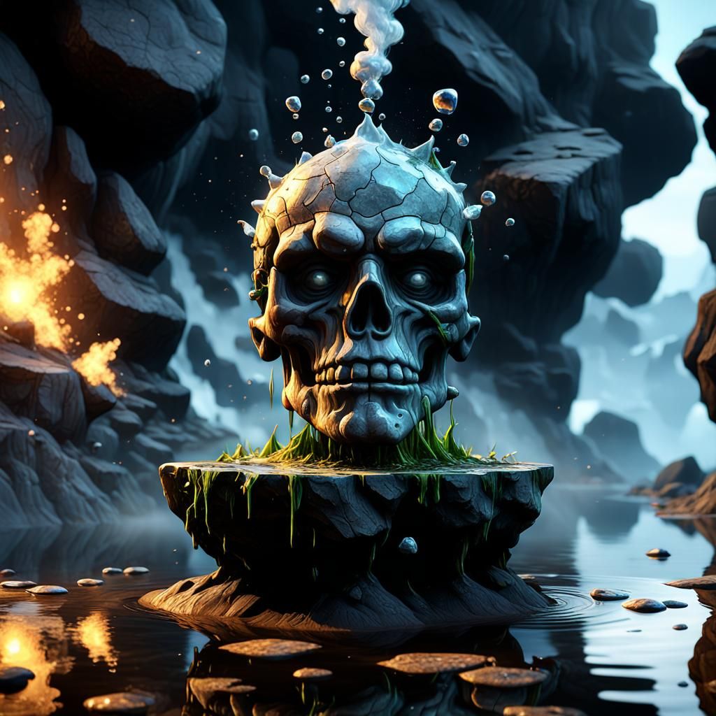 stone head sticking up out ground vapor oil on water reflect...