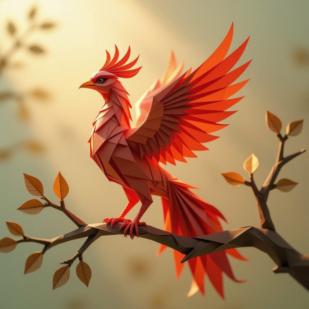 A hyperrealistic portrait of a phoenix meticulously crafted from intricately folded origami paper