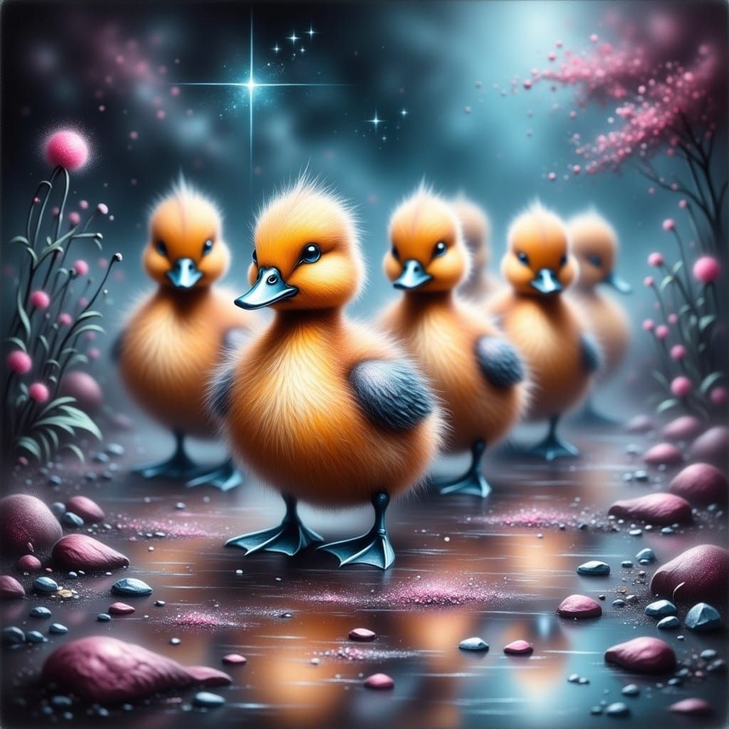 Epic surreal ducklings, masterpiece, Alcohol_ink, Oil paint, deep