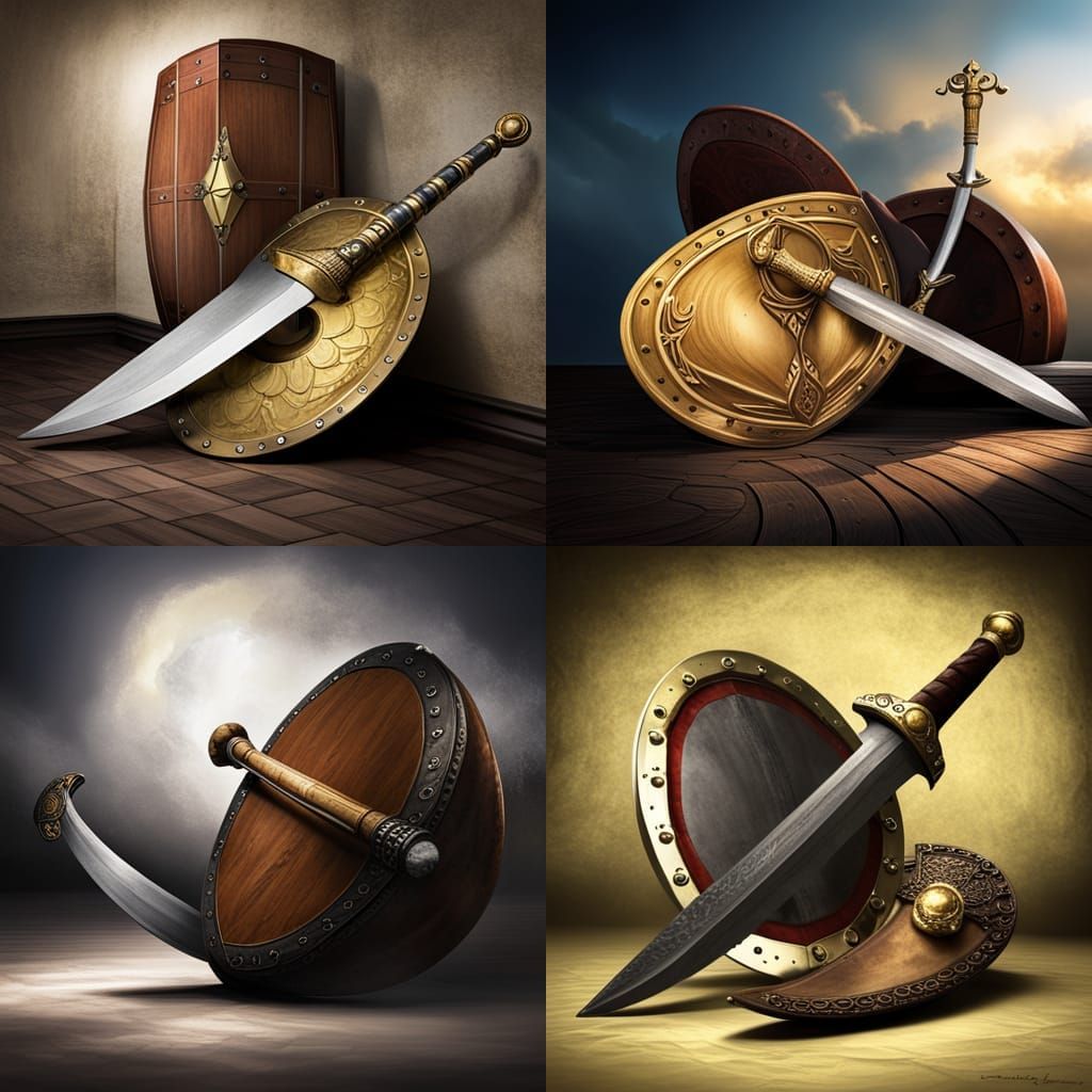 a still life of God's scimitar sword and shield. AI Generated Artwork