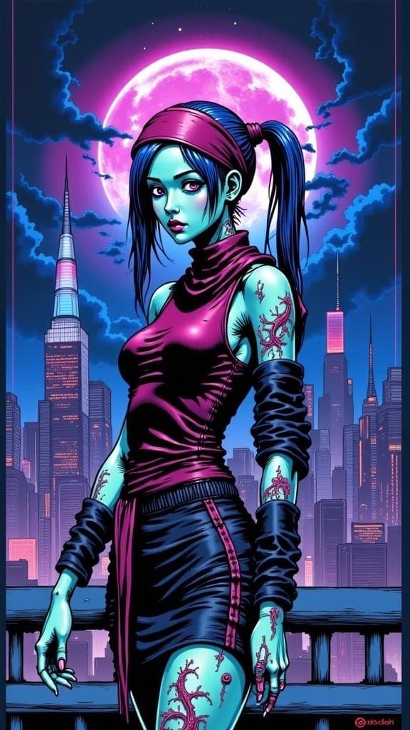 <lora:UnBroken 2p0:1.0> a corroded-biomechanical cyberpunk girl with ponytails (indigo and crimson gothic-wardrobe; toque and scarf):1.6. A...