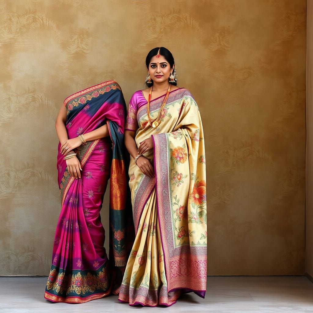 Beautiful Indian women wearing saree made of acrylic wash painted on glass tapestry tree printed skirt and acrylic wash ...