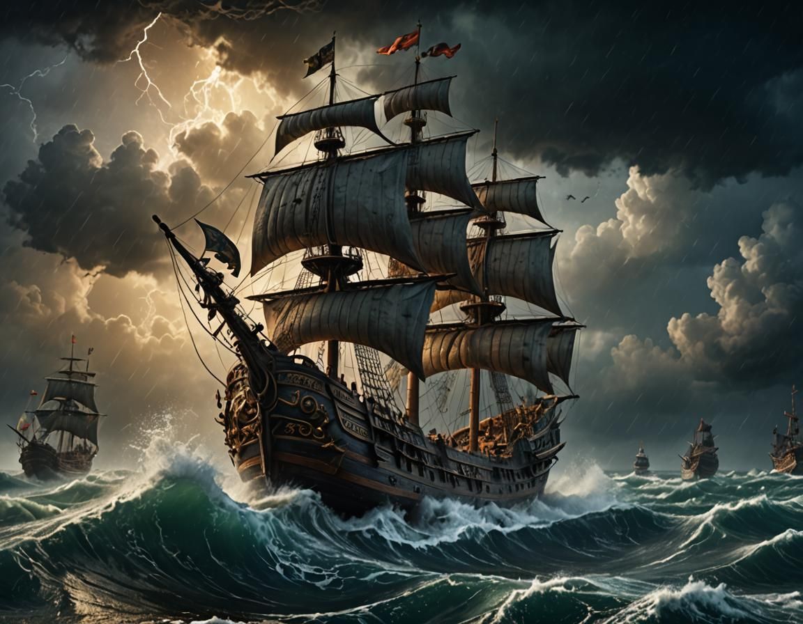 Medieval ship in a big Storm in the Sea with extremely high ...