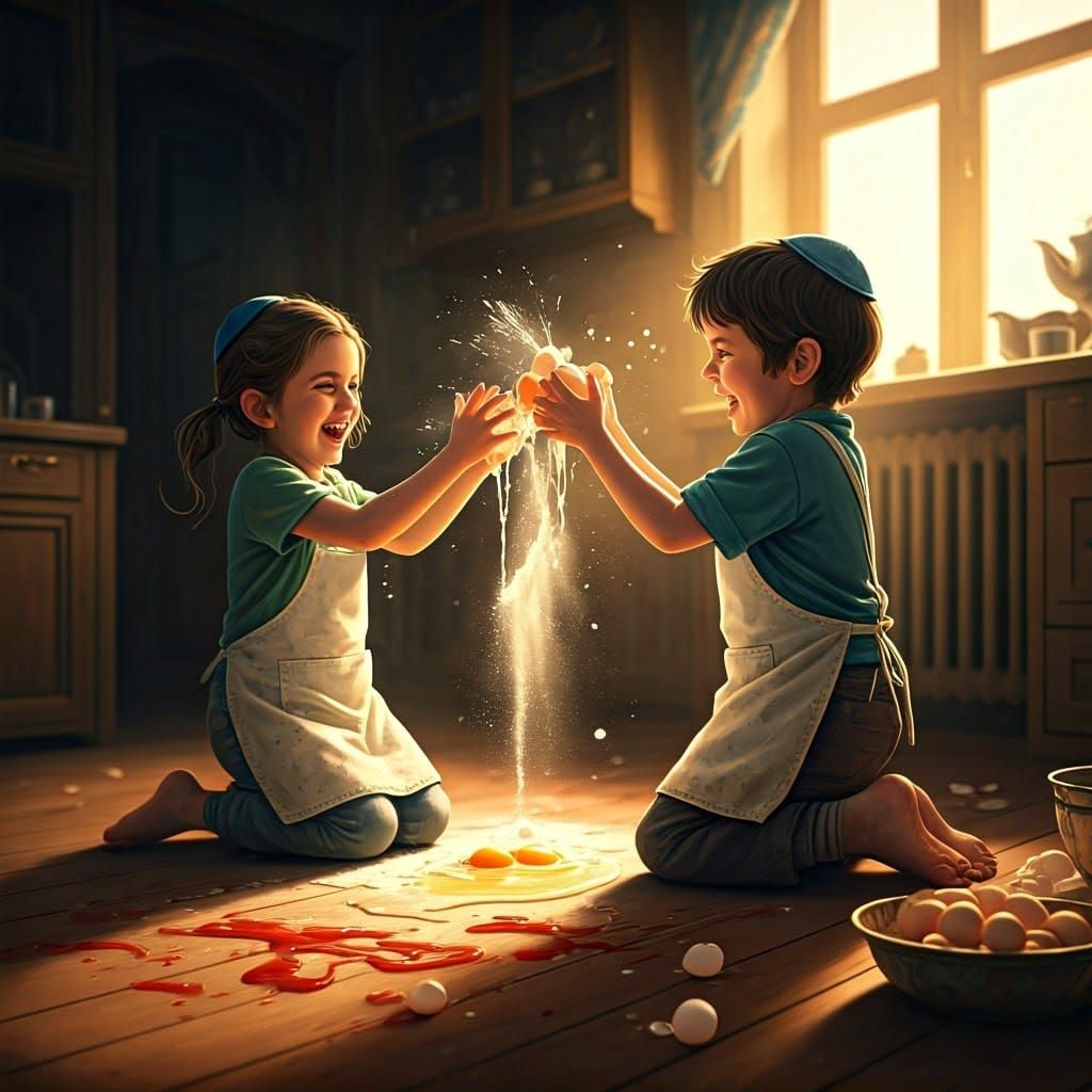 Children's Joyful Egg and Flour Battle in a Warm Kitchen