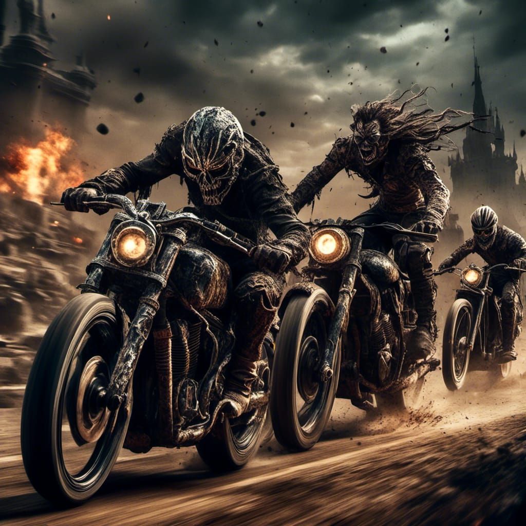 Riders speed side by side on a racetrack. 