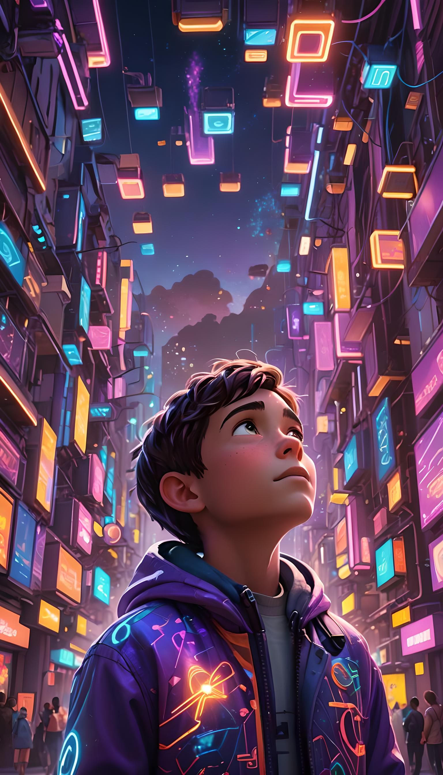 "A young boy looking up at the sky filled with futuristic ne...