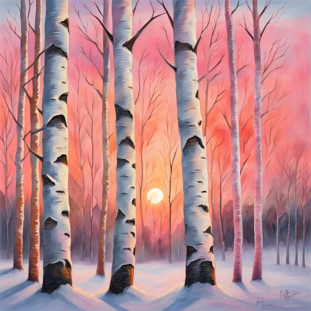 Birch trees in snowy winter during a pink and orange sunrise AI