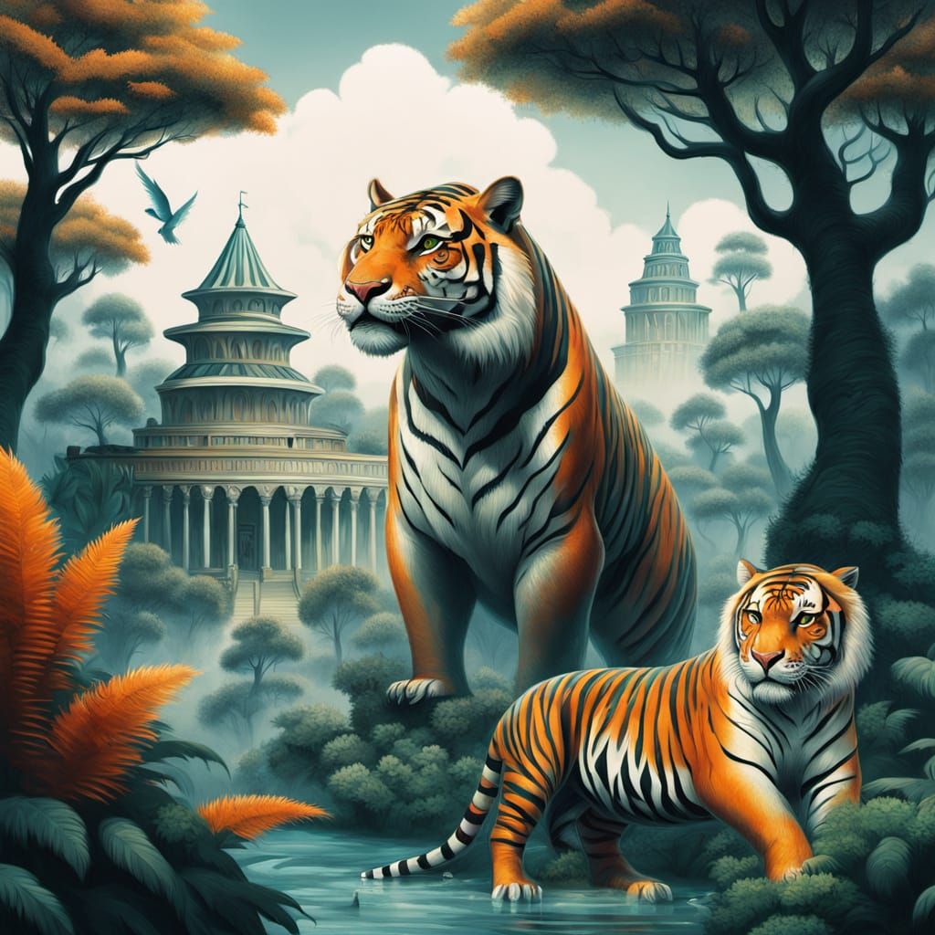 Surreal Tiger Dinosaur in a Mystical Forest