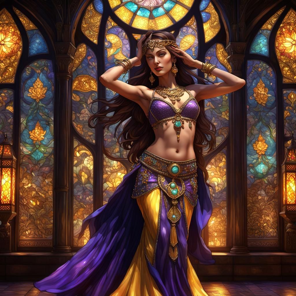 Belly dancer Daning on a pedestal lavish exotic stained-glas...