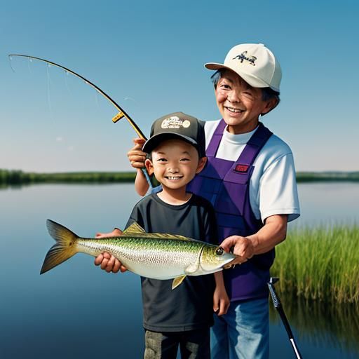 Fishing pole, fish, kid and grand Uncle