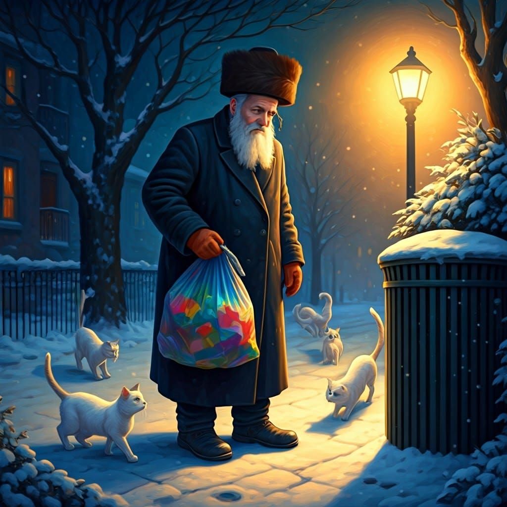 Warmly Dressed Hasidic Rabbi Surrounded by Frolicking Cats i...