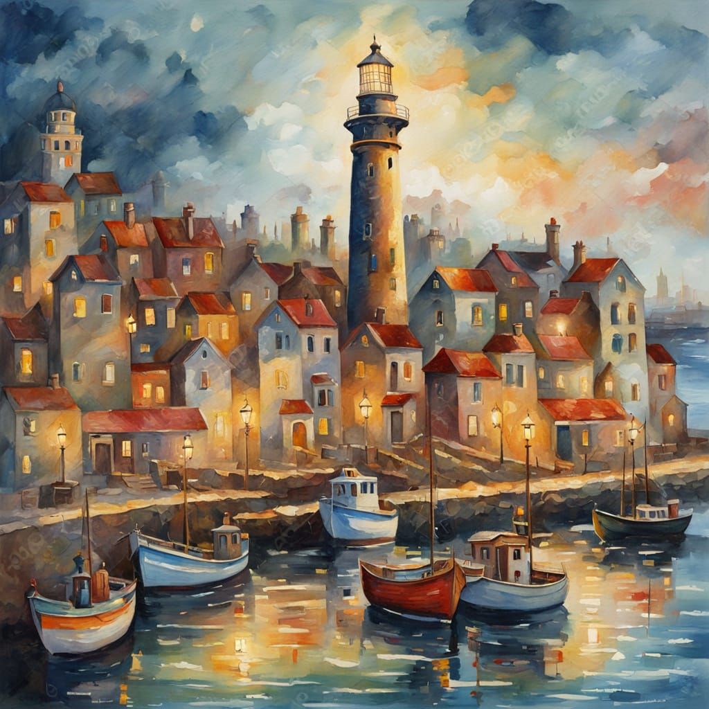 beautiful candlestick in the form of a city with a lighthouse and a bay with small detailed ships and boats