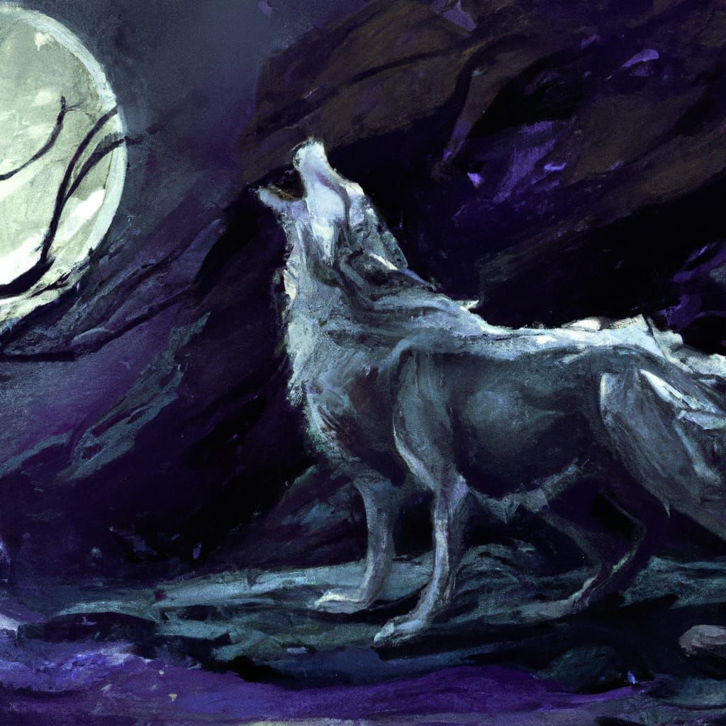 great silver wolf howling at moon