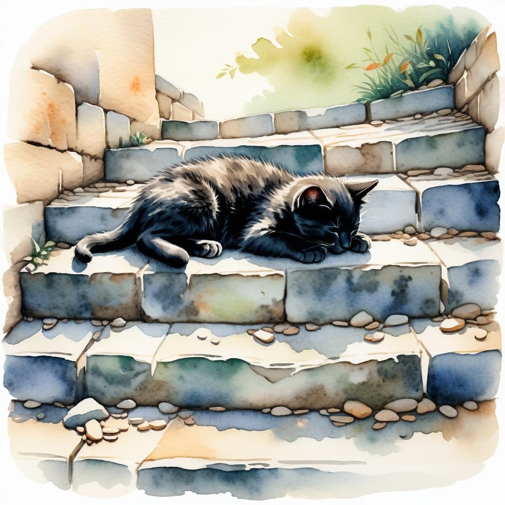 Black kitten sleeping on a stone staircase, Chinese watercolor style, muted colors, graded wash, fading ...  by @BulePanda