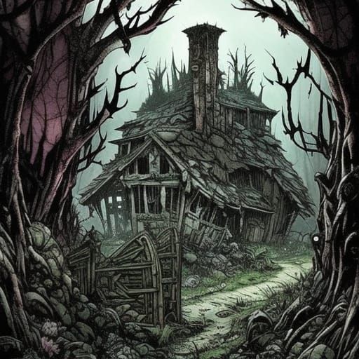 abandoned ruined village, dilapidated village in the forest,...