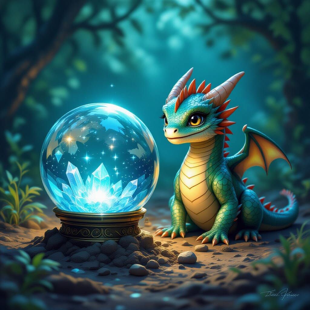 Crystal Ball and Baby Dragon in Magical Glow
