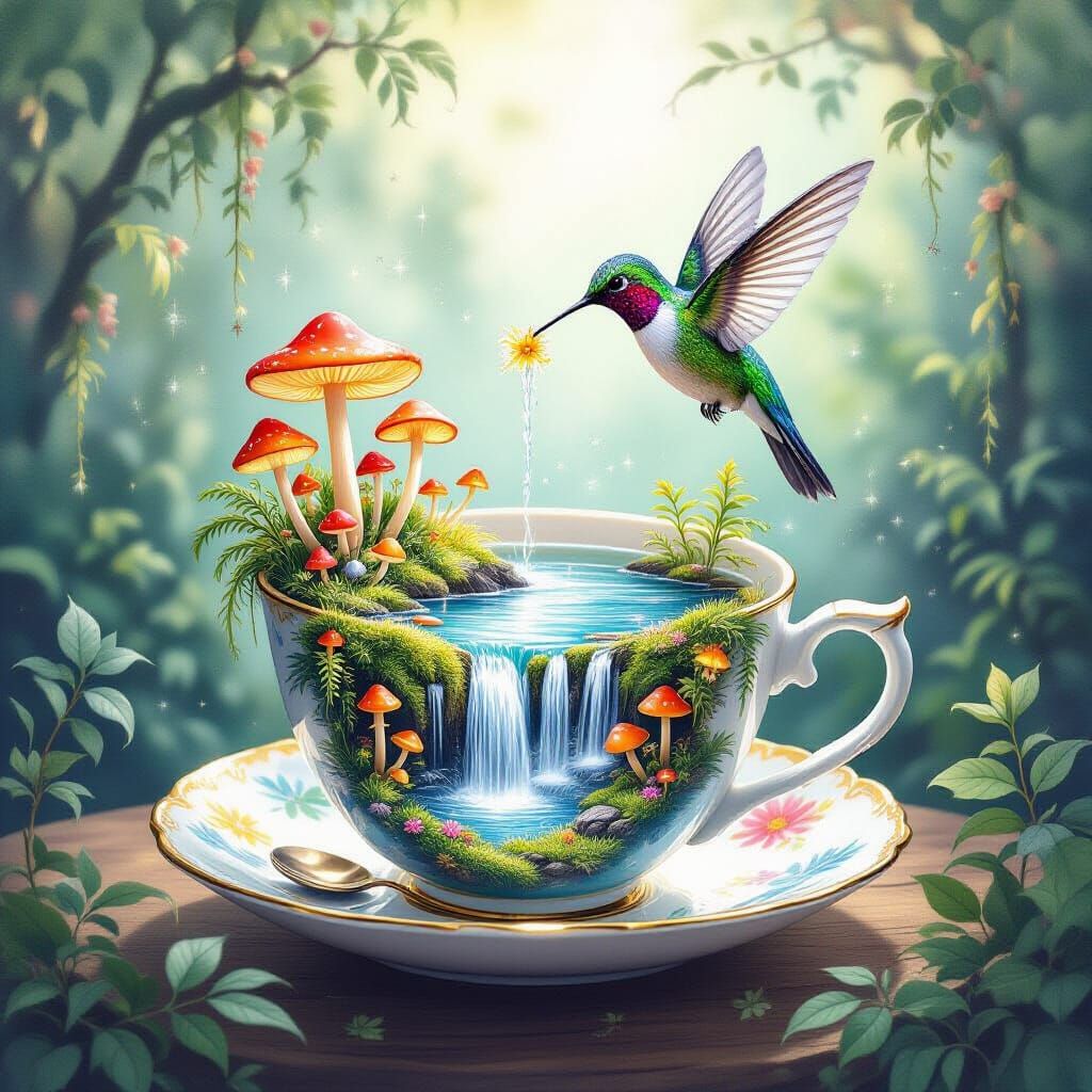 A whimsical teacup filled with a miniature, bioluminescent rainforest, complete with tiny glowing mushrooms and a cascading waterfall. A hum...