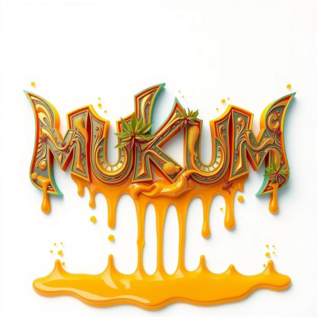 MUKUM, stylized with two bold, golden 3D capital M's and smaller letters, rendered in photorealistic graffiti art style, reminiscent of Ash...