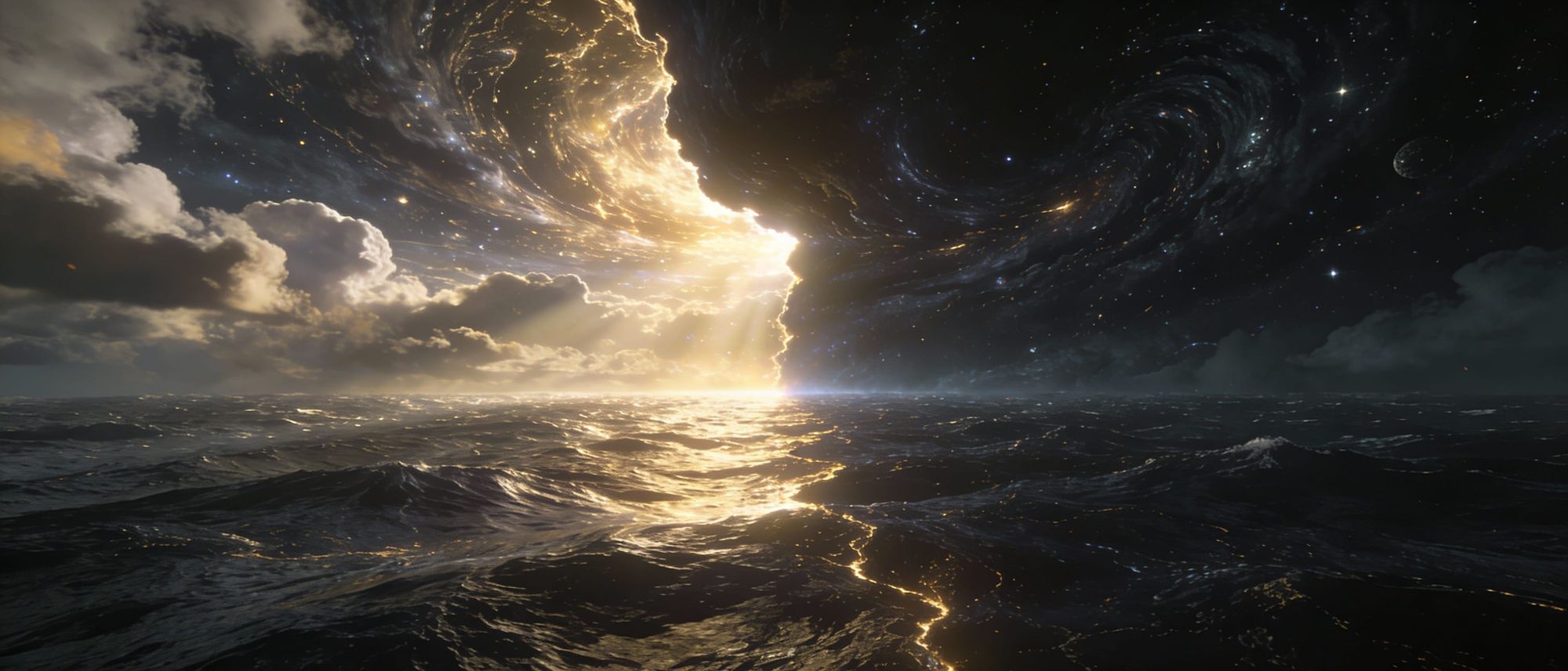 Cosmic creation scene — the void before time, swirling darkness over infinite ocean, divine energy moving across the waters.  
A powerful bu...