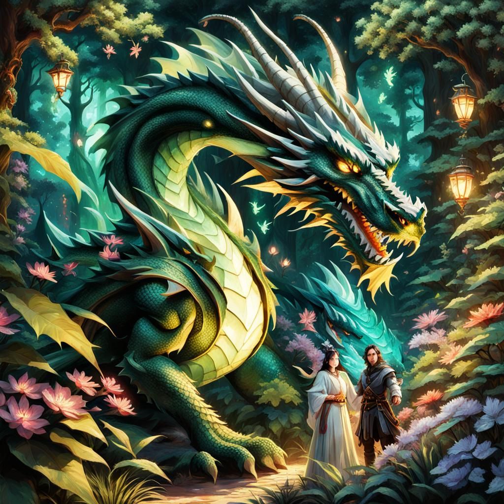 A dragon rider and their dragon in a magical forest  by @Artless